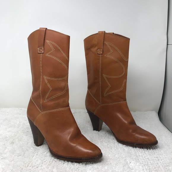 Vintage Mid Calf Brown Leather Heeled Boots Sz 6.5 - Picture 3 of 8